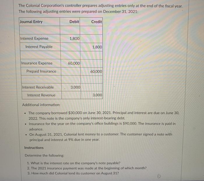  The Colonial Corporation's controller prepares adjusting entries only at the end