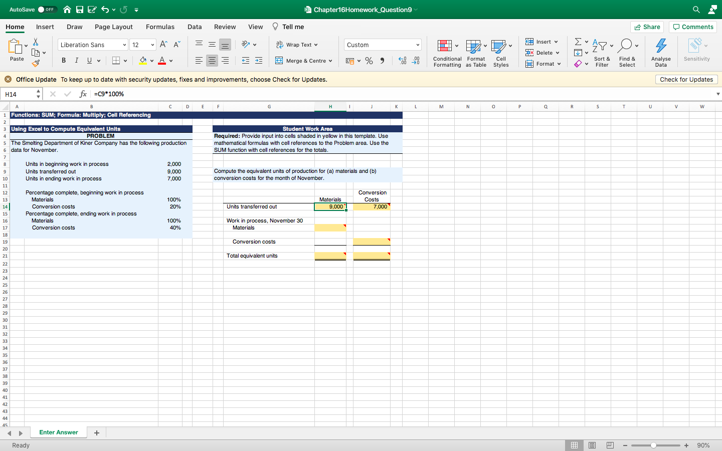 I need assistance inserting the correct formula into the excel sheet for