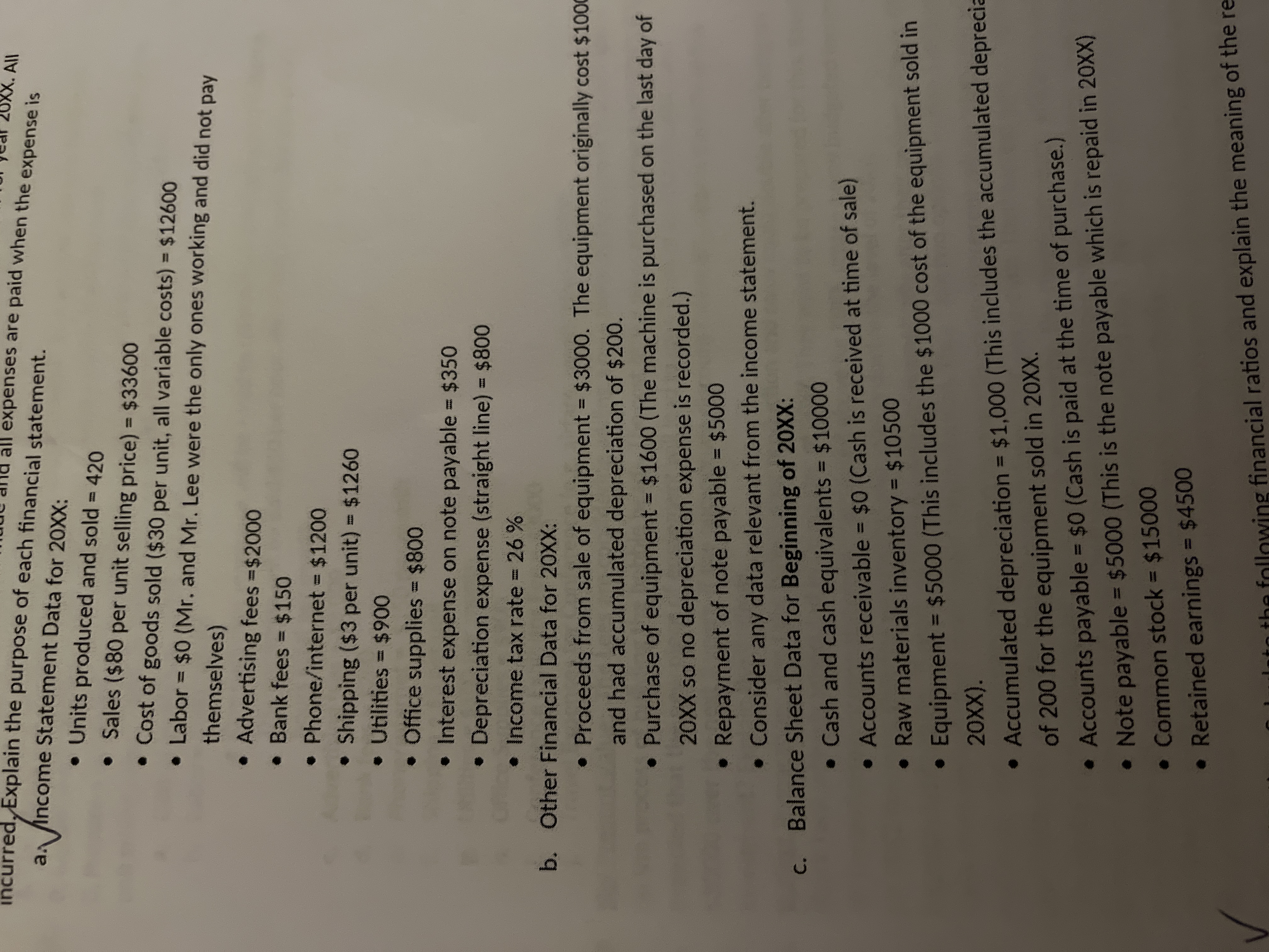  create a cash flow statement a. Income Statement Data for 20XX: