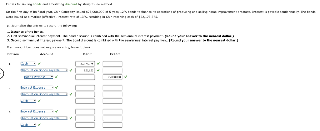 Entries for issuing bonds and amortizing discount by straight-line method were