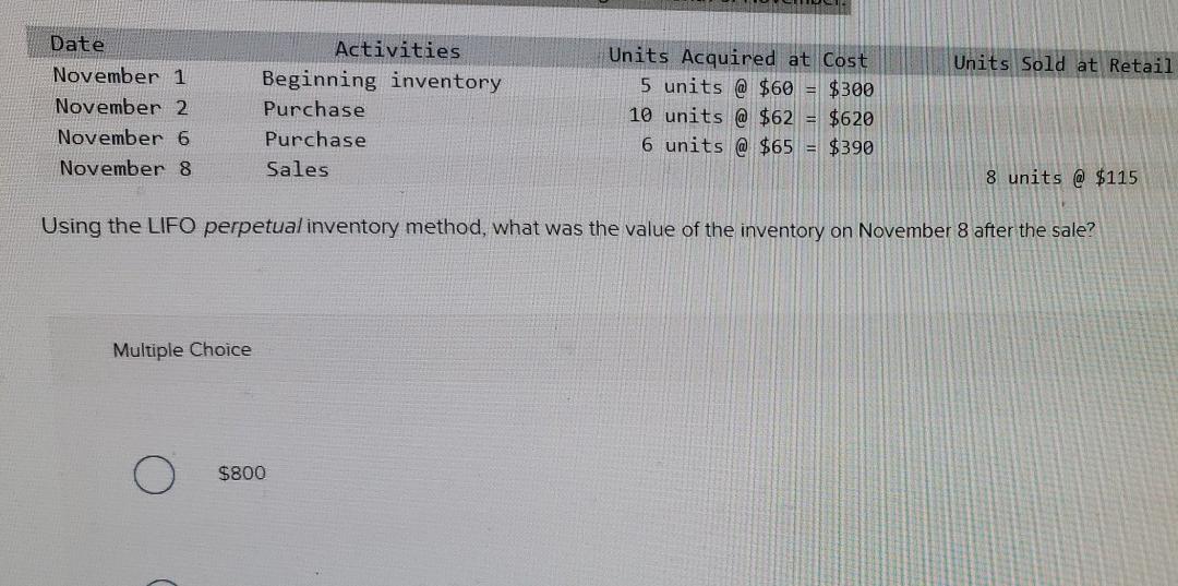 using the lifo perpetual inventory method what is the value on