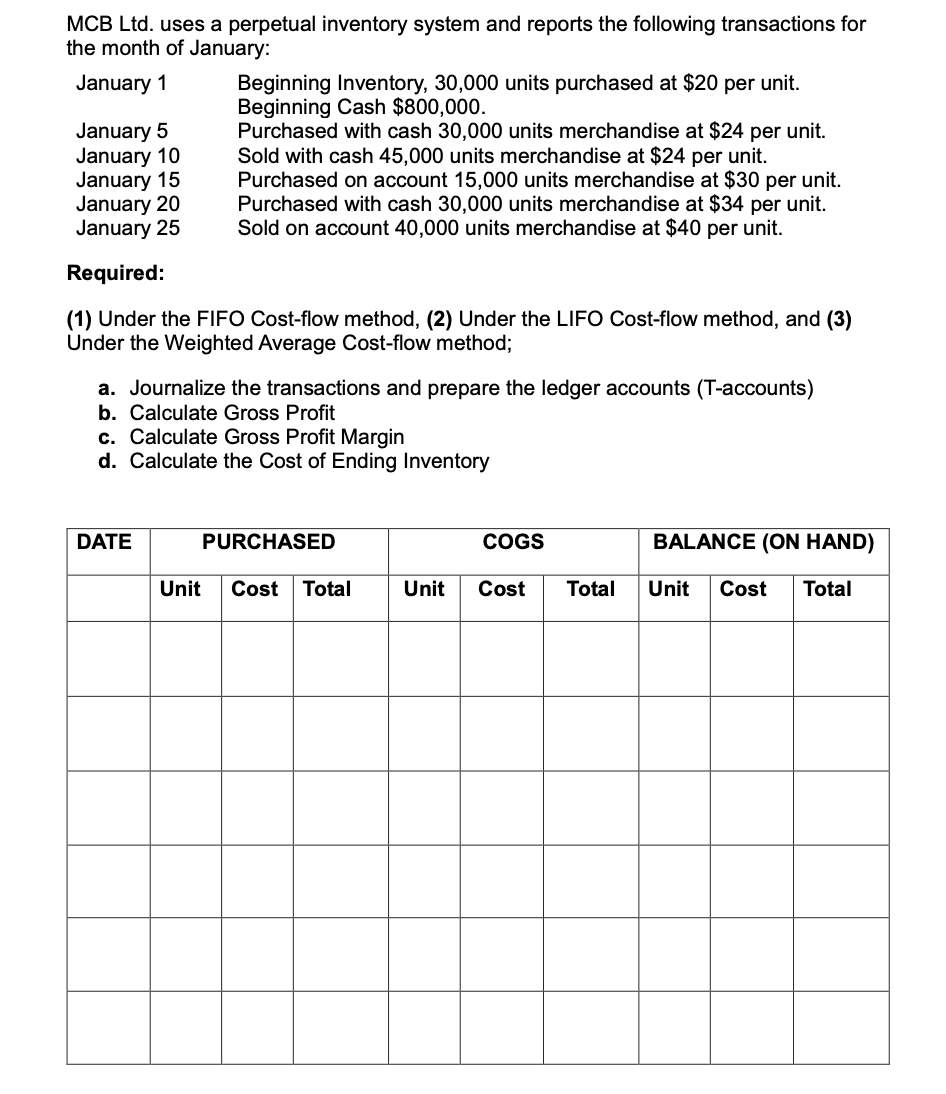  MCB Ltd. uses a perpetual inventory system and reports the following