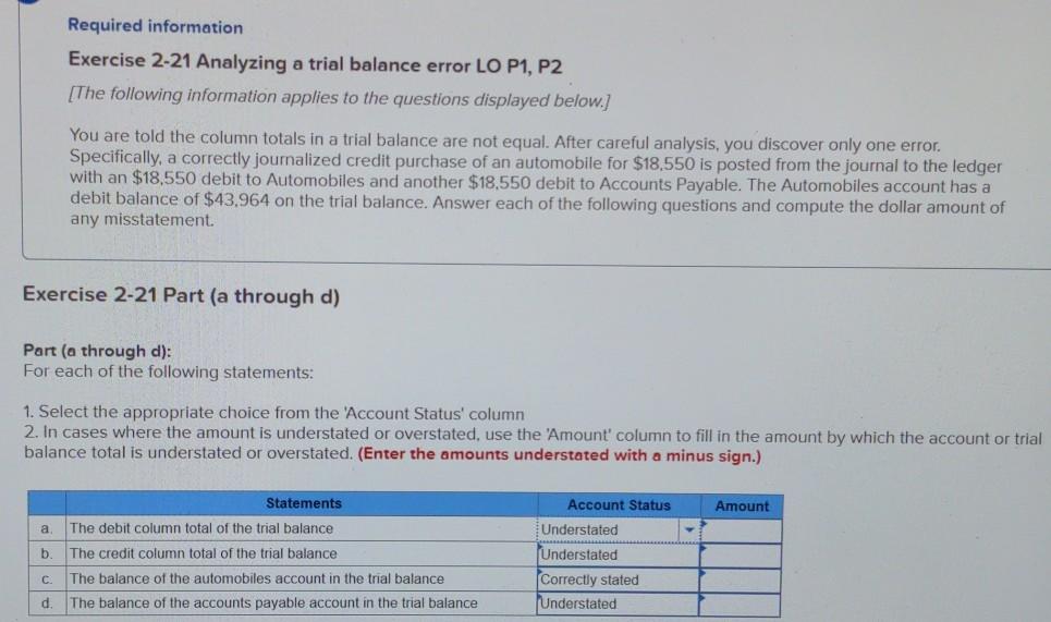  Required information Exercise 2-21 Analyzing a trial balance error LO P1,