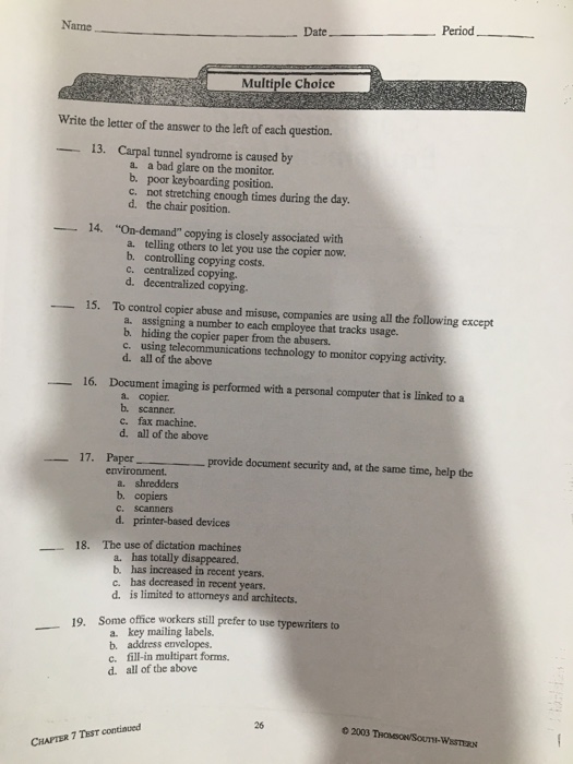 or False Write T for true or F for false to the