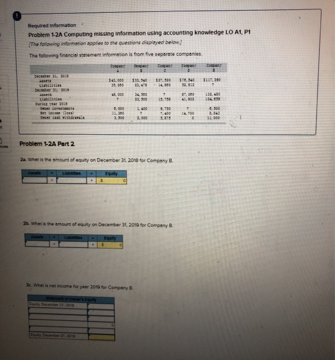  Required Information Problem 1-2A Computing missing Information using accounting knowledge LO