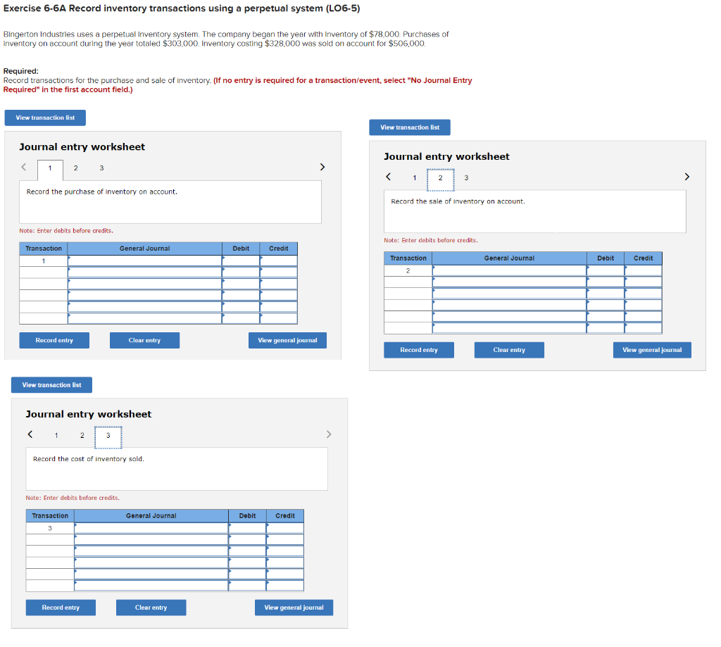 Exercise 6-6A Record inventory transactions using a perpetual system (L06-5) Bingerton