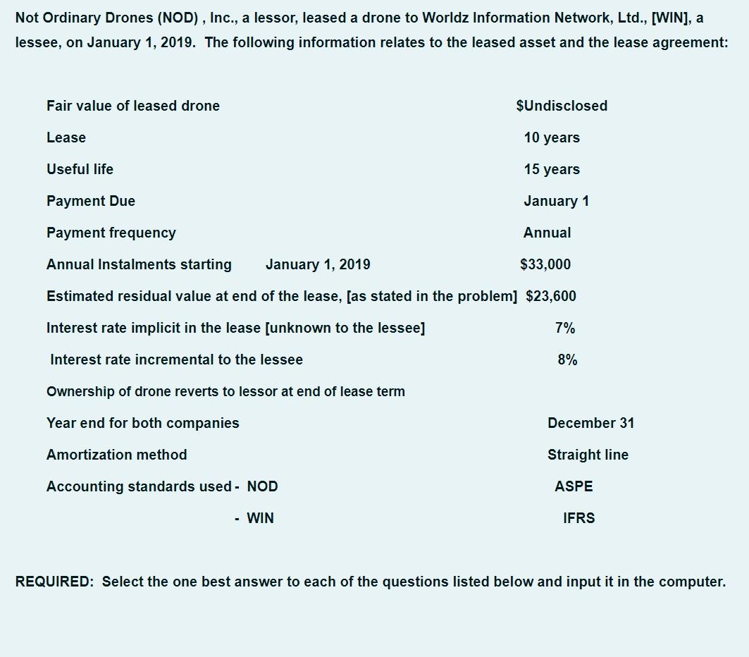 Not Ordinary Drones (NOD), Inc., a lessor, leased a drone to