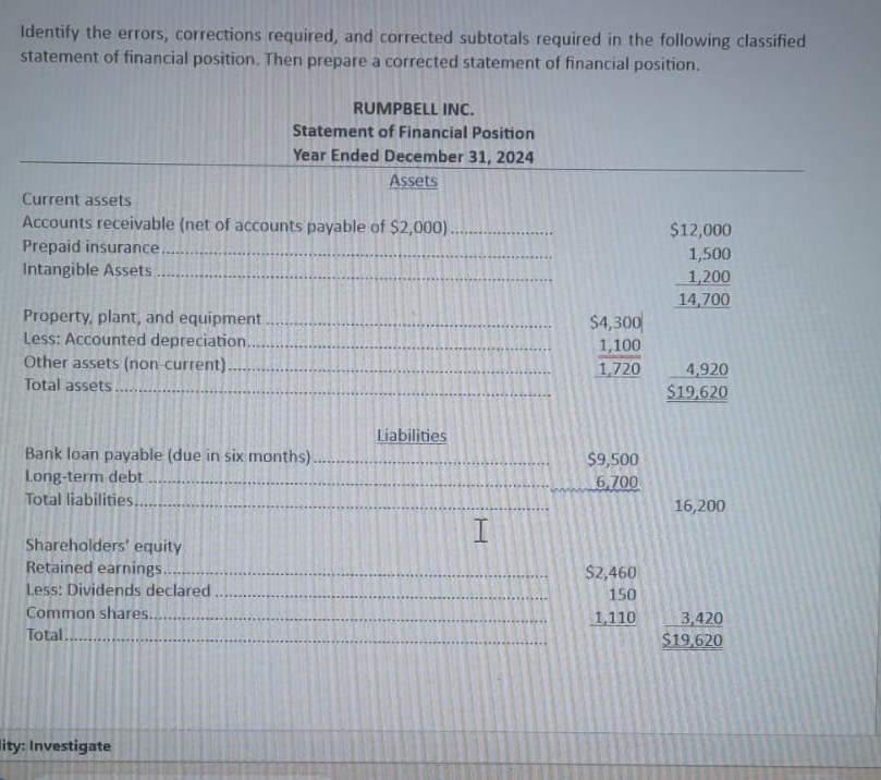  Identify the errors, corrections required, and corrected subtotals required in the