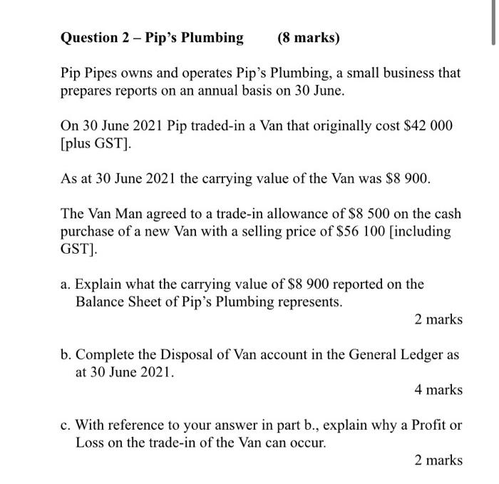 can I get help with this questions Question 2 - Pip's Plumbing