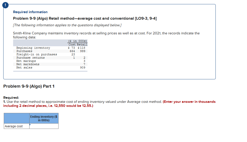  ! Required information Problem 9-9 (Algo) Retail method-average cost and conventional