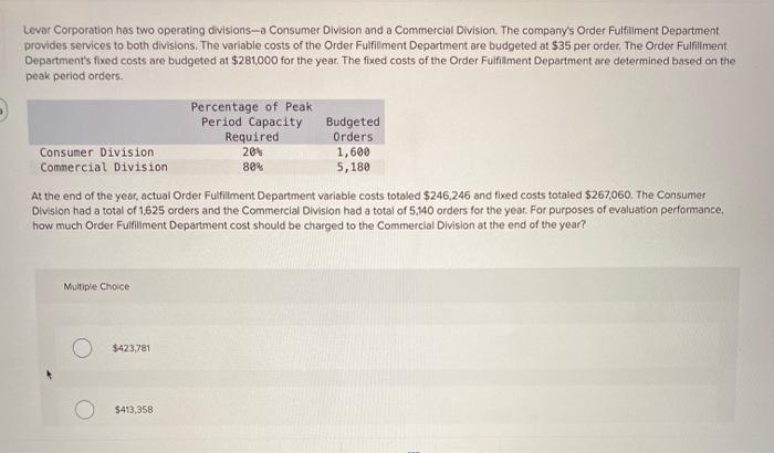  Levar Corporation has two operating divisions-a Consumer Division and a Commercial