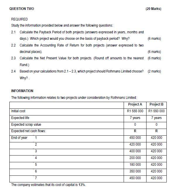  QUESTION TWO (20 Marks) REQUIRED Study the information provided below and