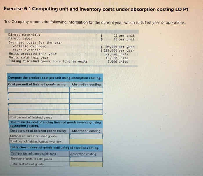  Exercise 6-1 Computing unit and inventory costs under absorption costing LO