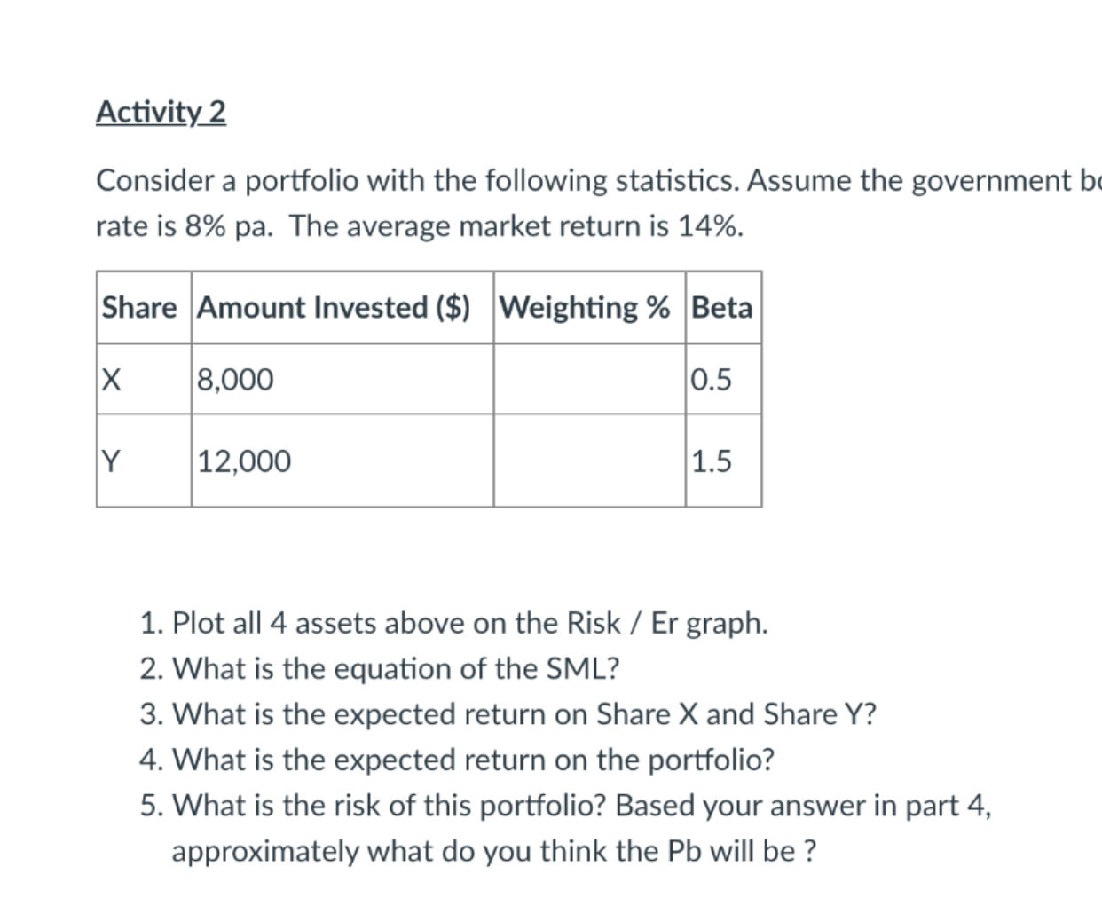 please show all calculation in detail Activity 2 Consider a portfolio with