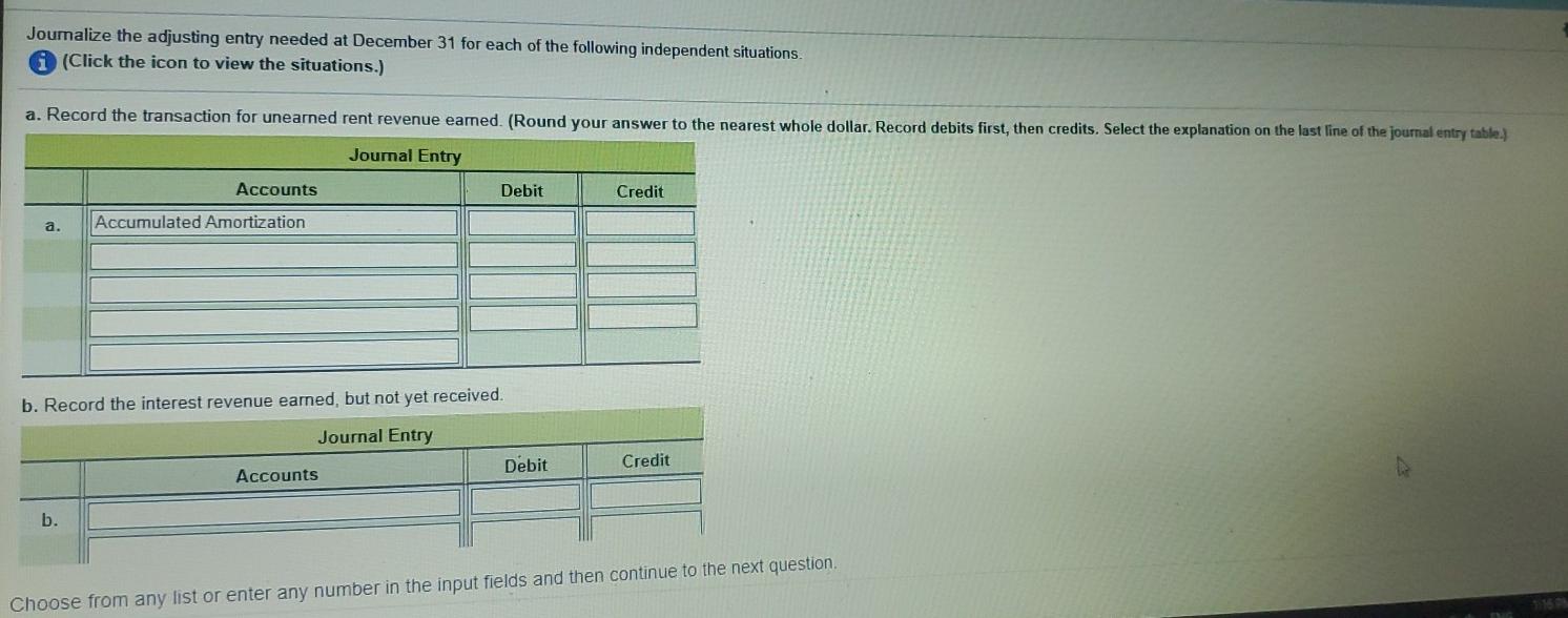  Journalize the adjusting entry needed at December 31 for each of