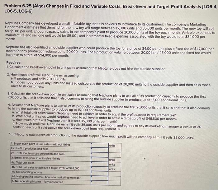  Problem 6-25 (Algo) Changes in Fixed and Variable Costs; Break-Even and