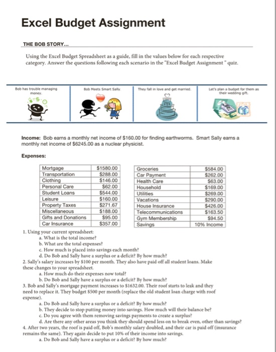  Excel Budget Assignment THE BOB STORY.. Using the Excel Budget Spreadsheet