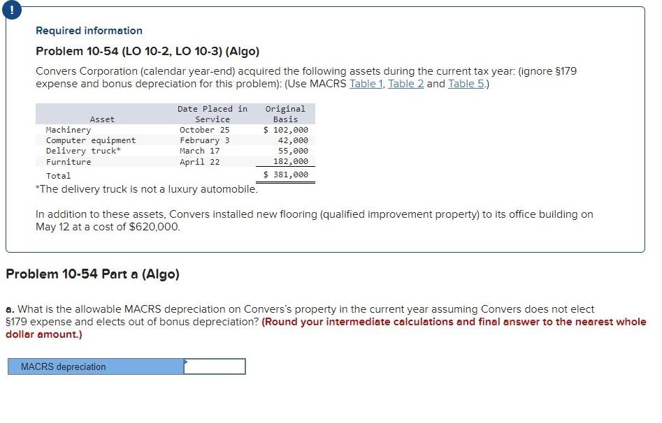 Required information Problem 10-54 (LO 10-2, LO 10-3) (Algo) Convers Corporation