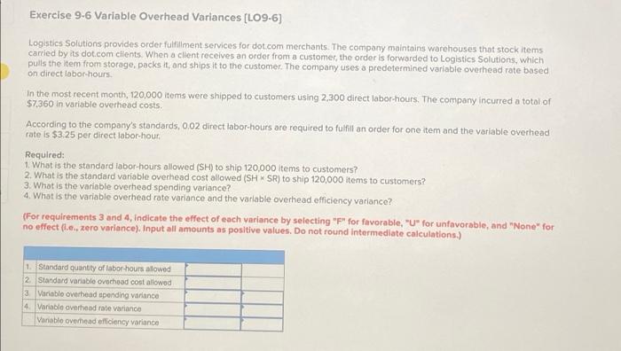  Exercise 9-6 Variable Overhead Variances (L09-6) Logistics Solutions provides order fulfillment