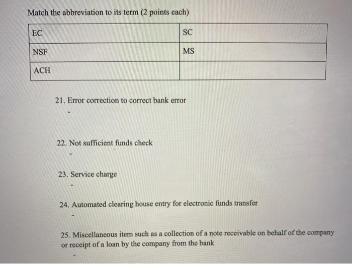  Match the abbreviation to its term (2 points each) EC SC
