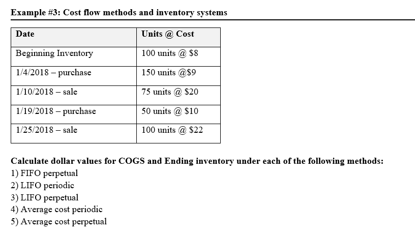  Example \#3: Cost flow methods and inventory systems Calculate dollar values