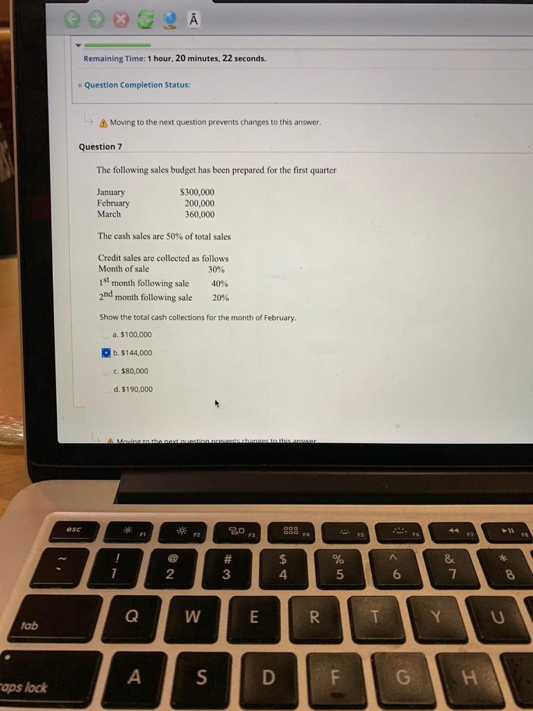  Remaining Time: 1 hour, 20 minutes, 22 seconds. Question Completion Status: