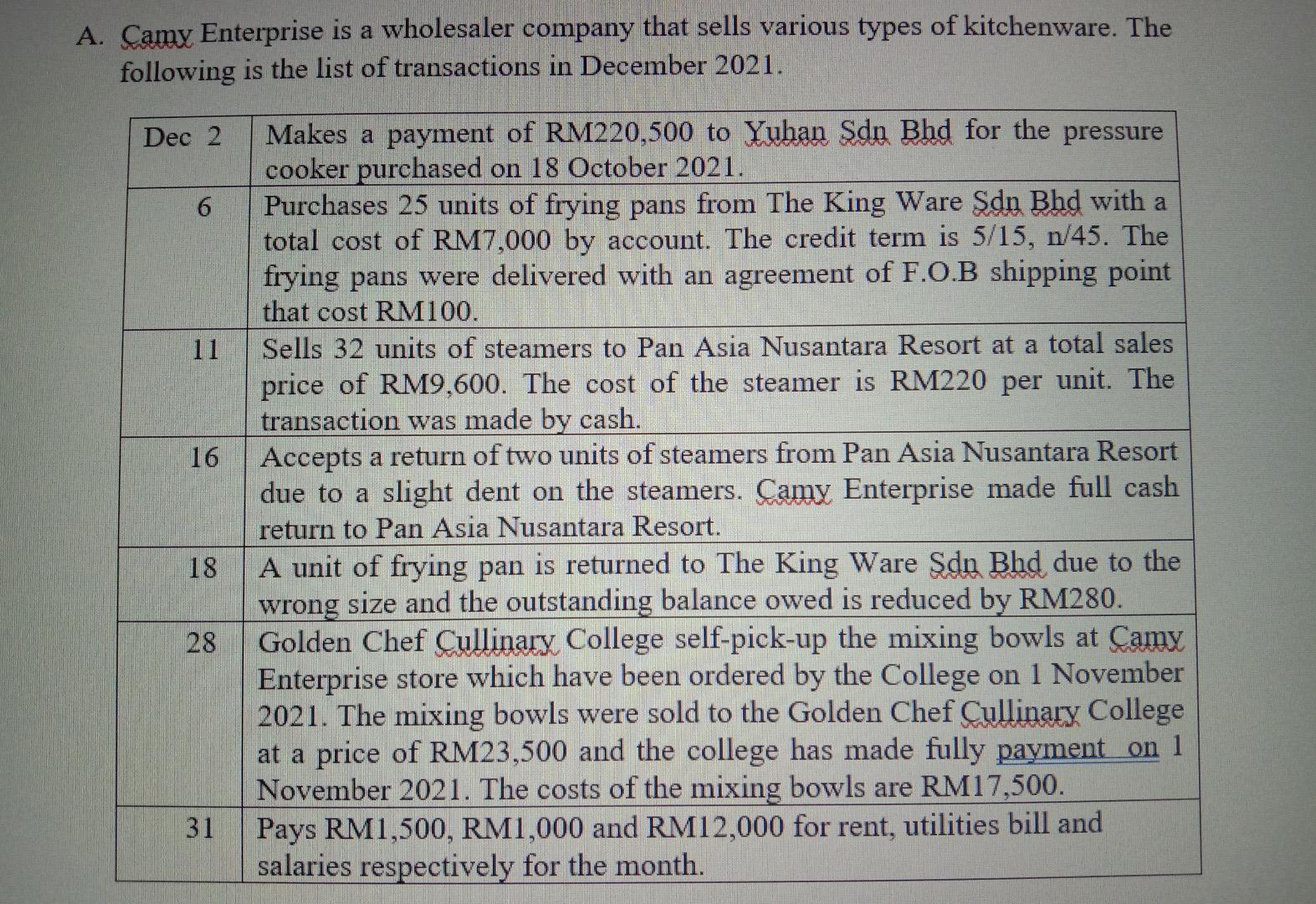  i have trouble doing this A. Camy Enterprise is a wholesaler