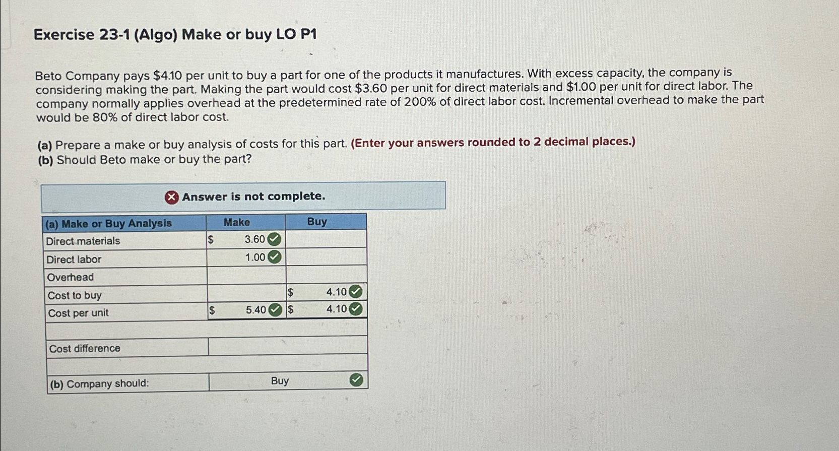  Exercise 23-1(Algo) Make or buy LO P1 Beto Company pays $4.10