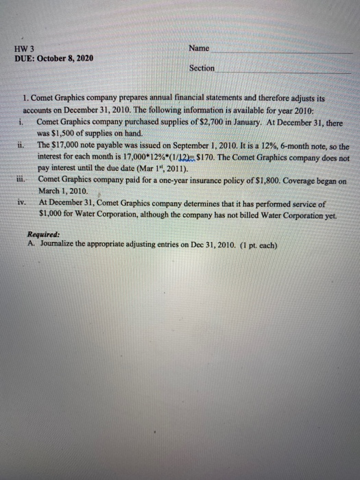  hw help Name HW 3 DUE: October 8, 2020 Section .