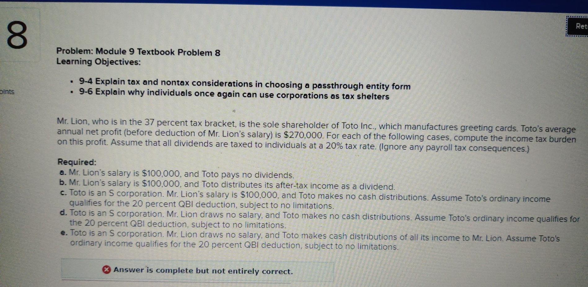  Ret: 00 Problem: Module 9 Textbook Problem 8 Learning Objectives: 9-4
