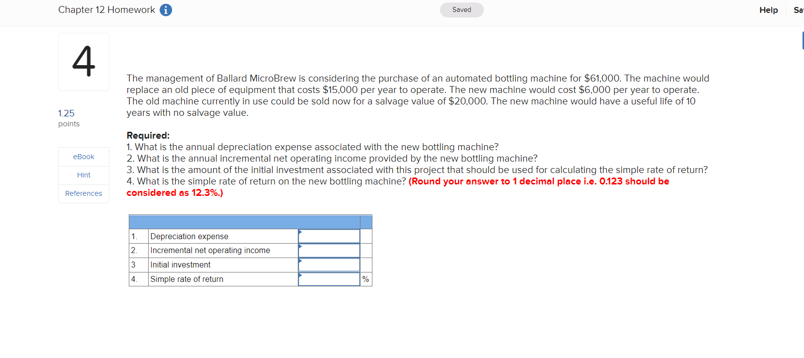 Please help me with this question asap. Thanks. Chapter 12 Homework Saved