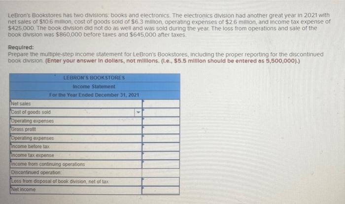  LeBron's Bookstores has two divisions books and electronics. The electronics division