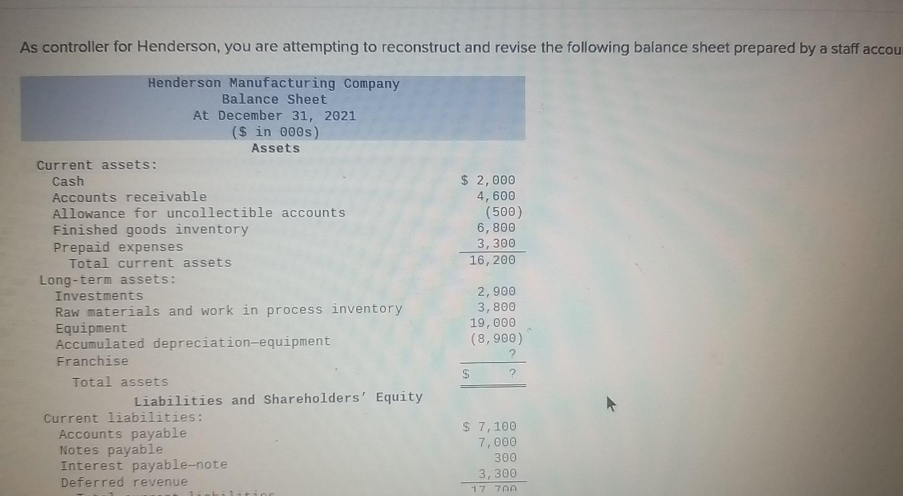  As controller for Henderson, you are attempting to reconstruct and revise