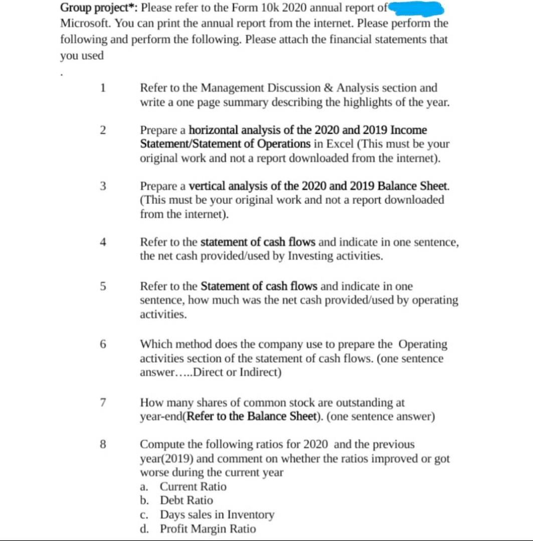 Do Numbers 3 and 4 ONLY. MICROSOFT. Group project*: Please refer to