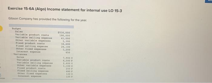  Exercise 15-6A (Algo) Income statement for internal use LO 15-3 Gibson