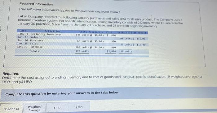 need all four entries (specific id, weighted average, Fifo, and lifo) Required