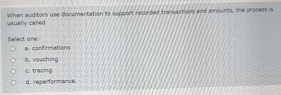When auditors use documentation to support recorded transactions and amounts, the