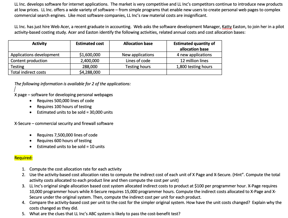  LL Inc. develops software for internet applications. The market is very