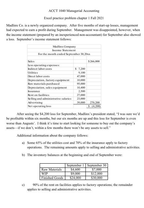  $266,000 ACCT 1040 Managerial Accounting Excel practice problem chapter 1 Fall