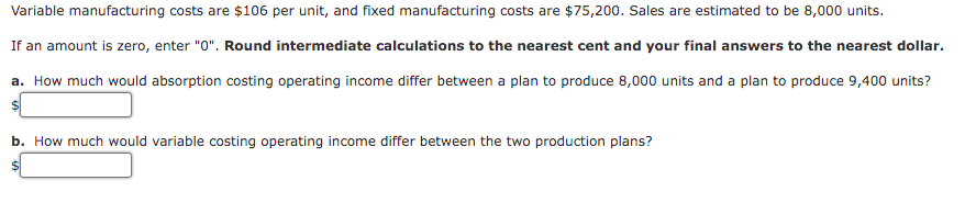 Variable manufacturing costs are $106 per unit, and fixed manufacturing costs