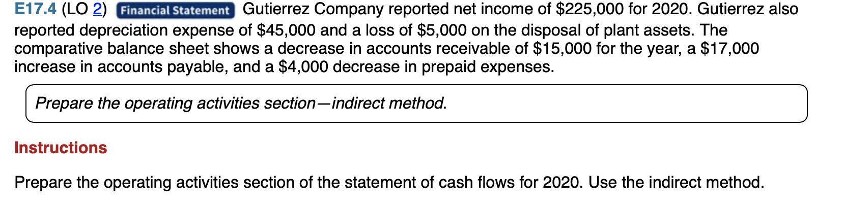 please do it in excel E17.4 (LO 2) Financial Statement Gutierrez Company