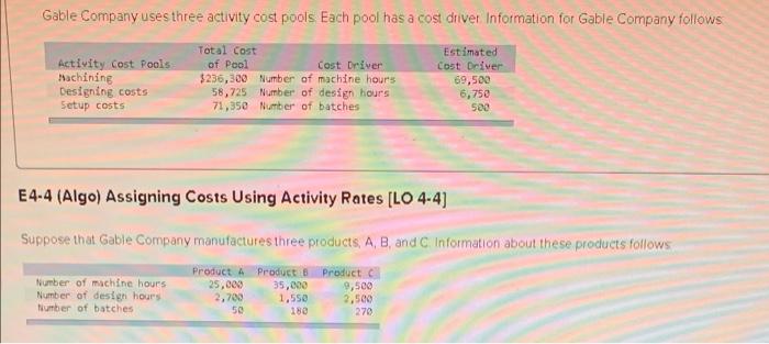  Gable Company uses three activity cost pools Each pool has a