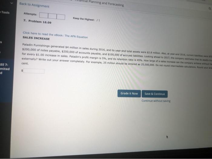  Back to Assignment Planning and Forecasting Tools Attempts: 7. Problem 16.09
