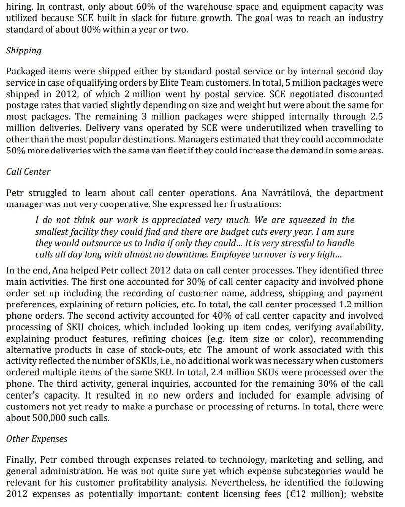 Year 2012 data. a. Identify major activities. (Hint: The major activities in