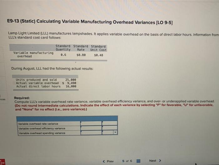  E9-13 (Static) Calculating Variable Manufacturing Overhead Variances (LO 9-5) Lamp Light