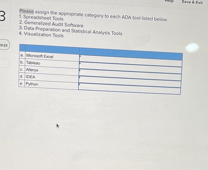asap pls Save & Exit 3 Please assign the appropriate category to