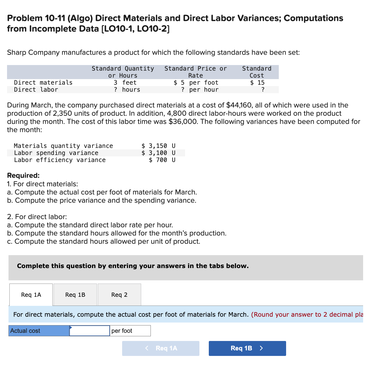  Problem 10-11 (Algo) Direct Materials and Direct Labor Variances; Computations from
