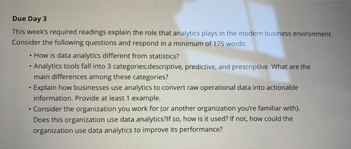 please answer all questions for a thumbs up . Due Day 3