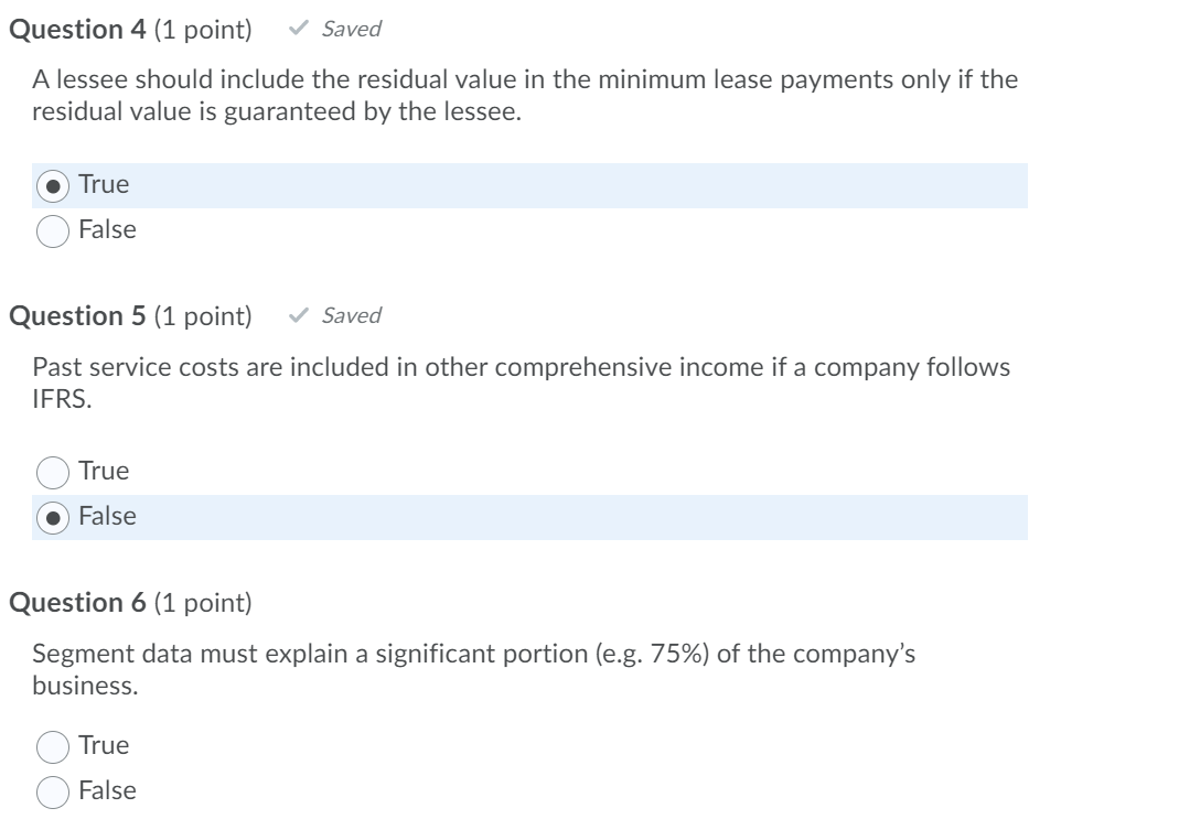 Question 4 (1 point) Saved A lessee should include the residual