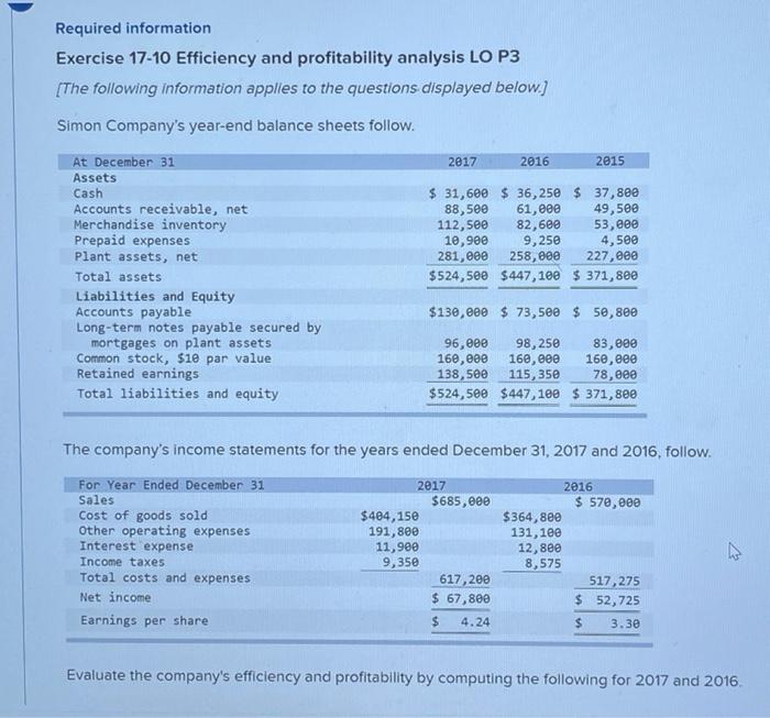 Please help Required information Exercise 17-10 Efficiency and profitability analysis LO P3